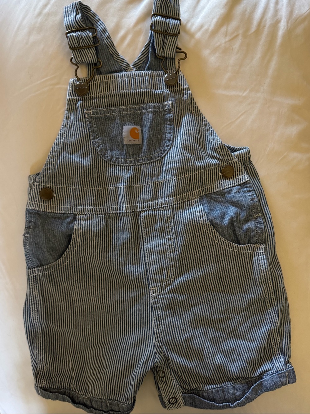 Carhartt Blue n White Pinstripe w/Patch Pockets, Cuffs Short Overalls  Sz 18mos